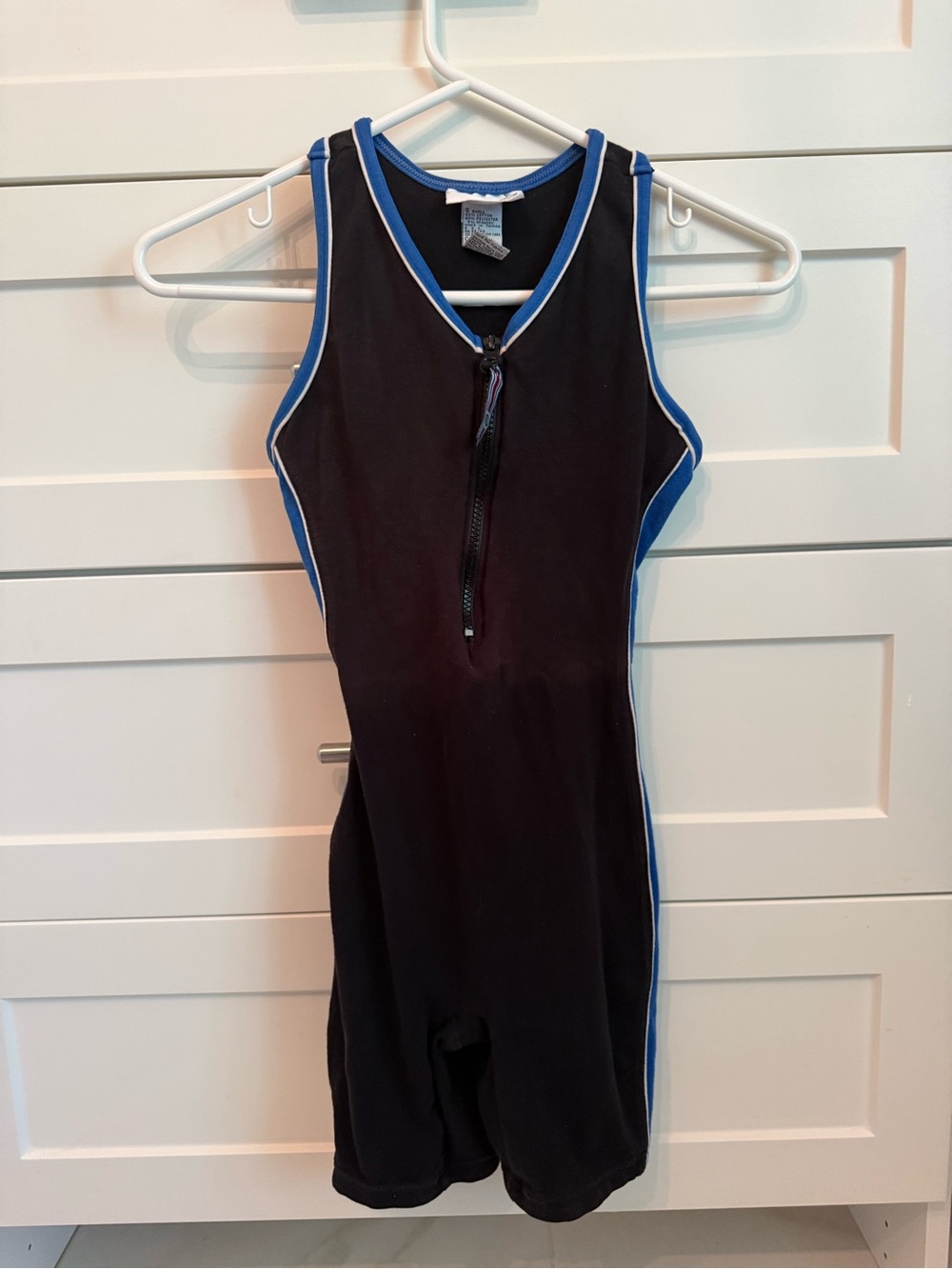 kathy ireland Black One-Piece Unitard with Blue Trim and Front Zip